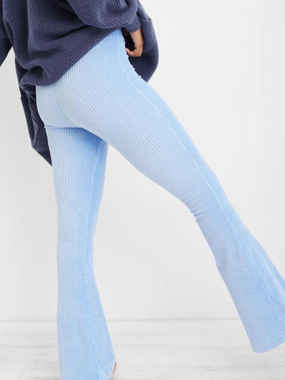 Aerie Groove On Velour Ribbed High Waist Flare Pants Light Blue Size L